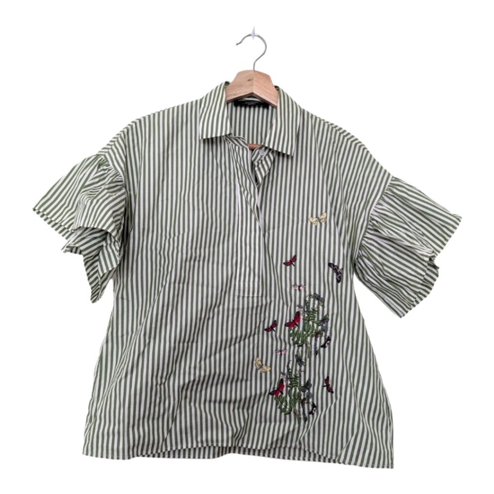 Weekend by Max Mara Green Striped Collared Blouse Size 6